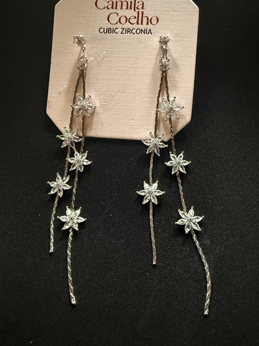 Camila Coelho Silver Flower Drop Cubic Zirconia Earrings NWT Still sealed